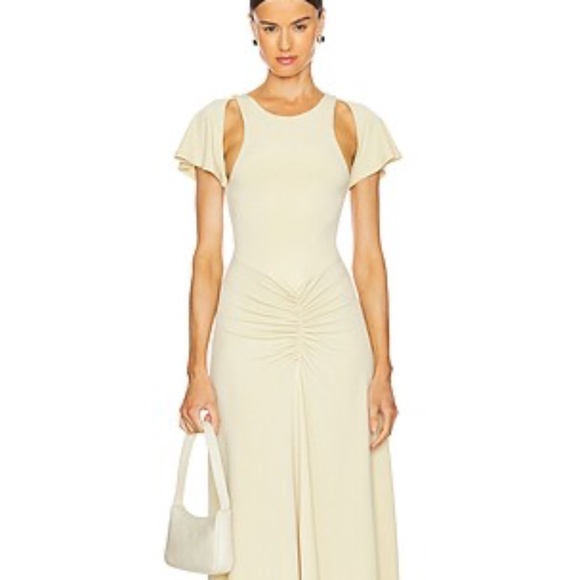 WEWOREWHAT Ruched Asymmetric Midi Dress in Wheat - Picture 1 of 14